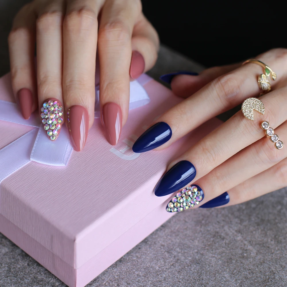 UV glossy false nails Water droplets shiny wedding nails burgundy stiletto blue full crystal diamonds Handmade 28pcs full set