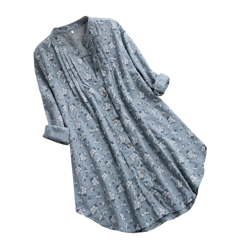 Осенняя Женская туника с длинным рукавом размера плюс, цветочный принт, v-образный вырез, блузки и топы на пуговицах, женская одежда большого размера Bluzka# T2G