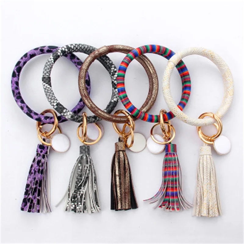 ZG New PU Leather O Bracelet KeyChains Circle Cute Same Color Tassel Wristlet Keychain Wholesale Women Girls