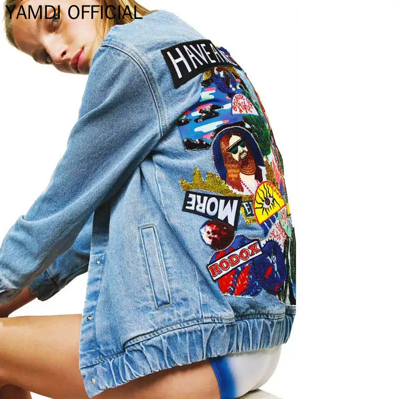 

YAMDI Designer Bomber Denim Jacket Runway 2019 Women Autumn Winter Patchwork Embroidery Jacket Women Trip Chic Brand Cloting