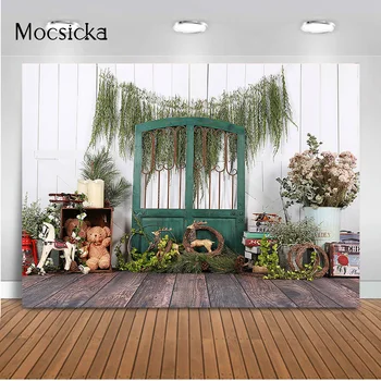 

Rustic Wooden Door Newborn Baby Photography Backdrop Wood Floor Spring Flowers Photo Background Kids Christmas Photoshoot