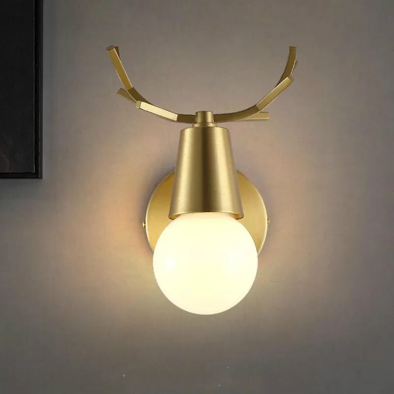 Bedroom Copper Deer Horn Wall Lamp kid lighting Living Room Children's Stair Nordic Head lamp Bedside wall sconce | Лампы и