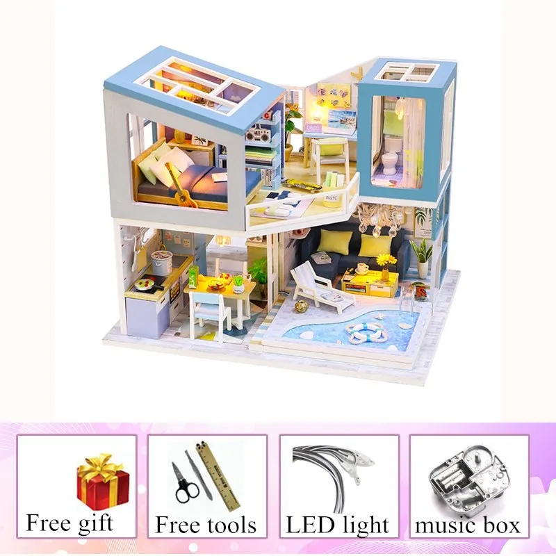 Кукольный дом Вилла кухня плавательный бассейн diy кукольный домик комплект мебели детский миниатюрный игрушечный деревянный дом салон - Цвет: house and music
