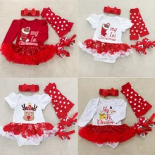 Первый Рождественский костюм Комплекты с платьем для девочек кружевное платье-пачка на Рождество вечерние платье для девочек+ повязка на голову+ леггинсы+ обувь Комплект из 4х предметов комплект одежды для новорожденных
