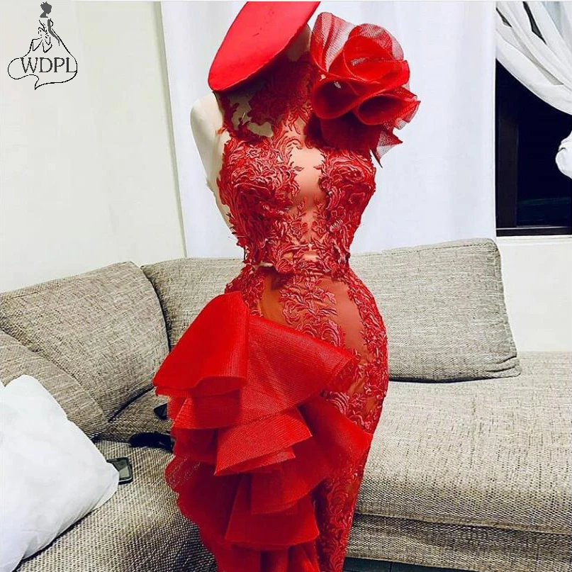 Real Image Red Lace Sexy Knee Length Cocktail Dresses One Shoulder Sexy Prom Gowns Tulle 3D Flower Ruffles Formal Party Dress95