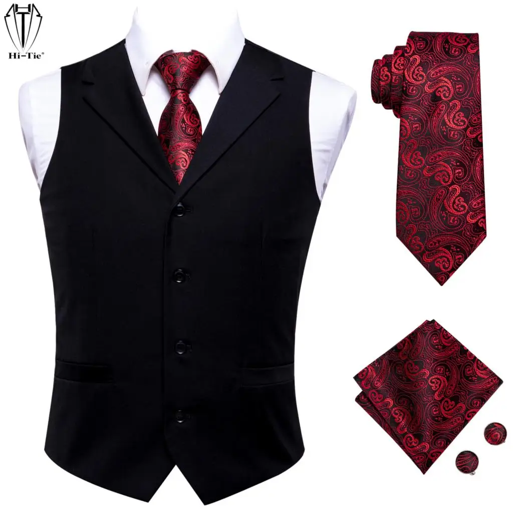 Hitie Luxury Silk Mens Suit Vests Black Plain Jacquard Waistcoat Men