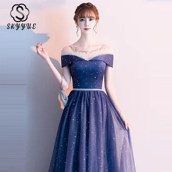 

Skyyue Navy Blue A-Line Women Party Dresses FR332 Shiny Sequin Elegant Evening Dress Elegant Gown O-Neck Short Sleeve Vestidos