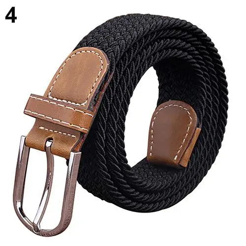 Men's Women's Canvas Plain Webbing Metal Buckle Woven Stretch Waist Belt Strap Elastic stretch woven belt - Цвет: Черный