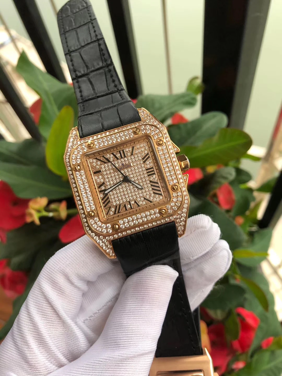 

Luxury Brand New Men Automatic Mechanical Rose Gold Black Leather Sapphire 100XL Stainless Steel Watch Full Iced Diamonds 45mm