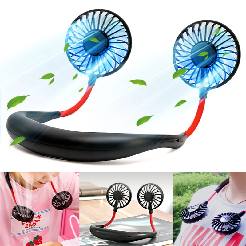 

2020 New Mini light Portable LED Light USB Rechargeable Fan Neck Hanging Style Dual Cooling Lazy Fan for Student Home School Use