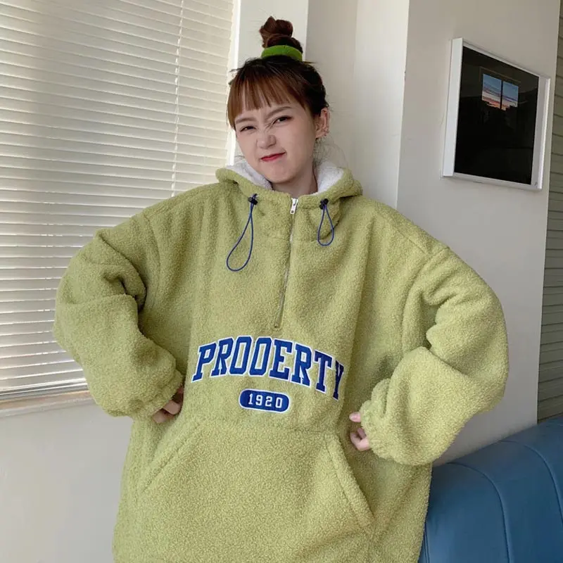 

Women's Hoodies Autumn Winter Lamb Velvet Warm Zipper Hoodie Simple Letter Harajuku Sweatshirt Loose Oversize Sweet Pullovers