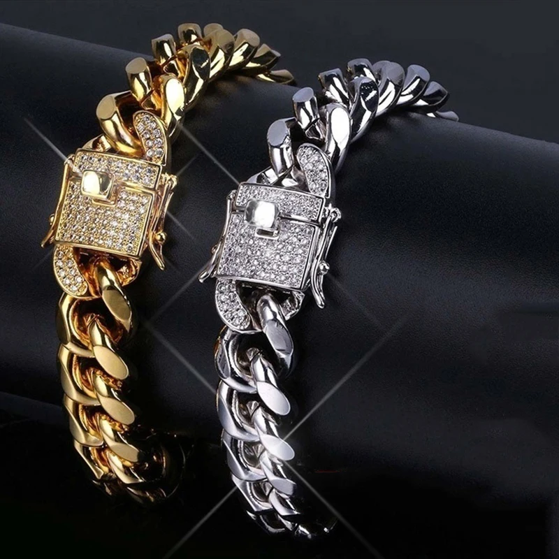 Хип-хоп Iced Out Curb кубинское золото для мужчин серебряная цепь браслеты и браслеты для женщин Фантастический браслет со стразами