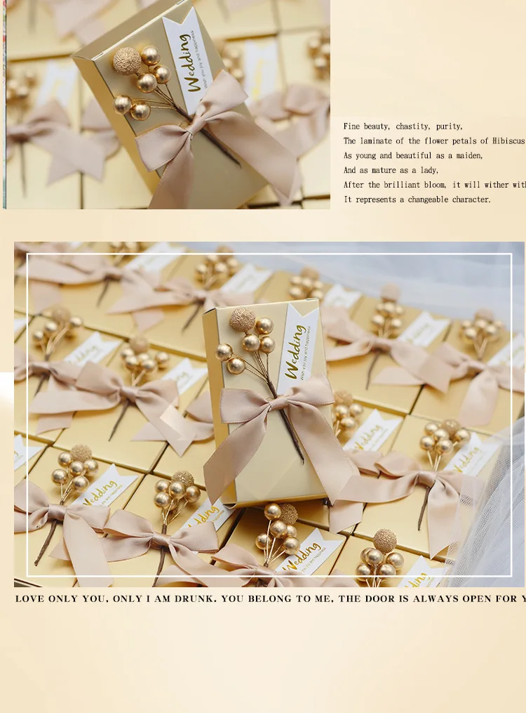 10 pcs Flower Candy Box with ribbon Wedding Favors and Gifts Boxes Bags for Guests Wedding Decoration Baby Shower Party Supplies - Цвет: gold and gold ribbon