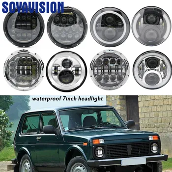 

2xFor Lada Niva 7inch Led Headlight Hi/Low Beam Light Halo Angle Eyes DRL Headlamp For Jeep Wrangler Off Road 4x4 suzuki samurai