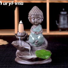 YuryFvna Creative Ceramics Backflow Stick Incense Burner Monk Incense Holder Censer with Lotus Home Office Decoration