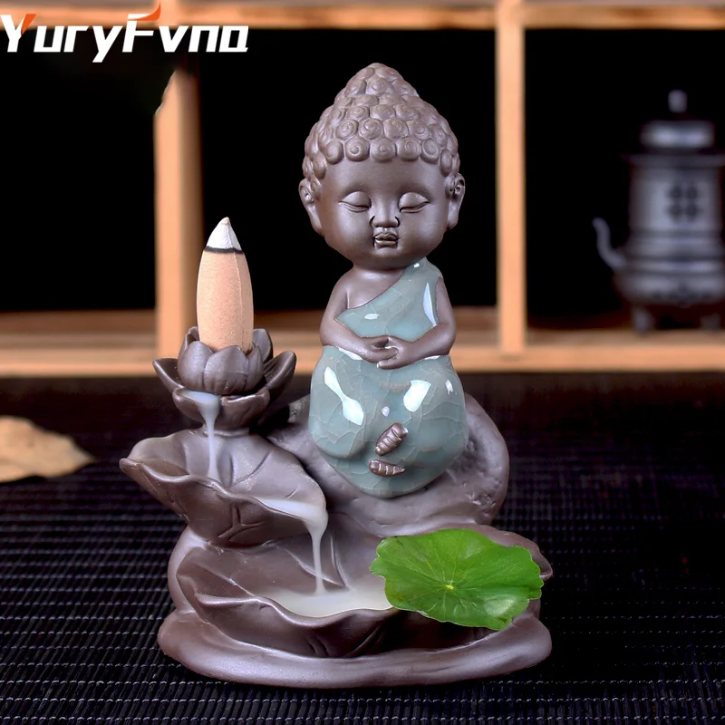

YuryFvna Creative Ceramics Backflow Stick Incense Burner Monk Incense Holder Censer with Lotus Home Office Decoration