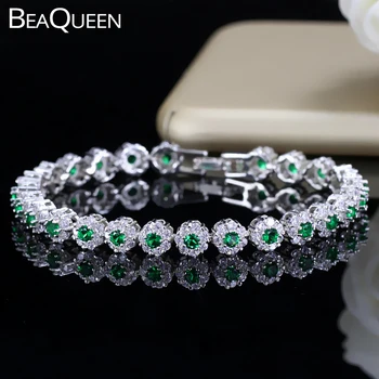 

BeaQueen Trendy Green and White Cubic Zirconia Stone Setting Ladies Tennis Bracelets Silver 925 Jewelry for Women B100