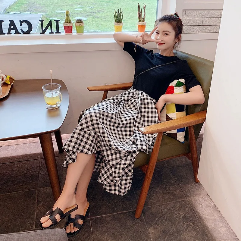 

Photo Shoot CHIC Laziness-Style Harajuku Crew Neck Waist Hugging Slim Fit Joint Mock Two-Piece Irregular Black And White Lattice