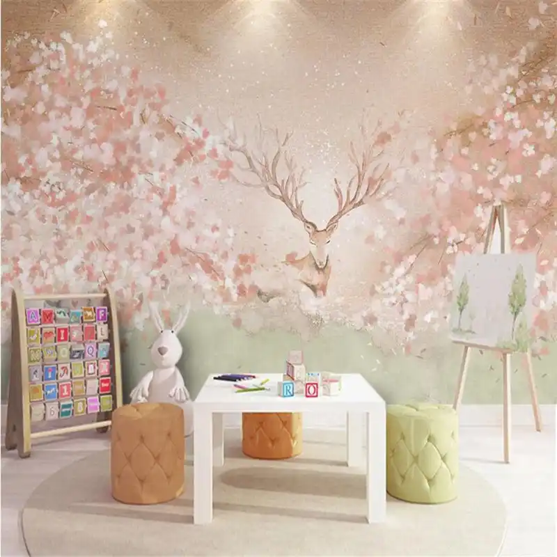 カスタム暖色子供の部屋の背景壁紙塗装水彩桜ヘラジカ壁画の壁紙ルーム Aliexpress