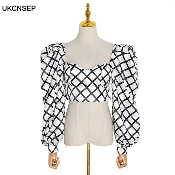 

2020 Plaid Hit Color Blouses Female Square Collar Lantern Long Sleeve Tunic Shirts For Women Clothing Tide