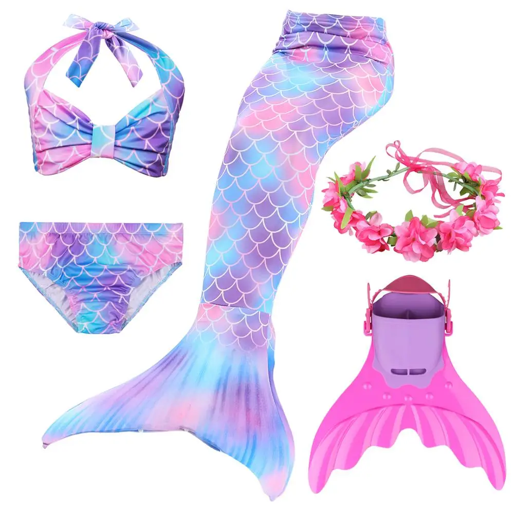 

5PCS/Set Kids Girls Mermaid Tails with Fin Swimsuit Costumes Bikini Bathing Suit Dress for Girls Flipper Monofin For Swimming