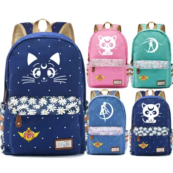 

Anime Cartoon Kawaii Sailor Moon Luna Cat Flowers Dot Boy Girl School bag Women Bagpack Teenagers Canvas Lady Femme Backpack