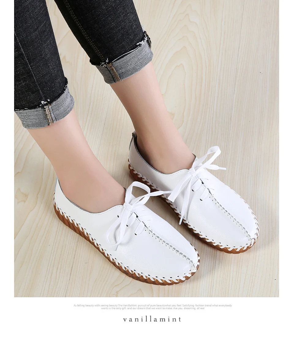 EOFK النساء الشقق أحذية من الجلد الحقيقي امرأة الأخفاف مريحة الدانتيل متابعة اليدوية الأبيض الصيف أحذية الباليه السيدات