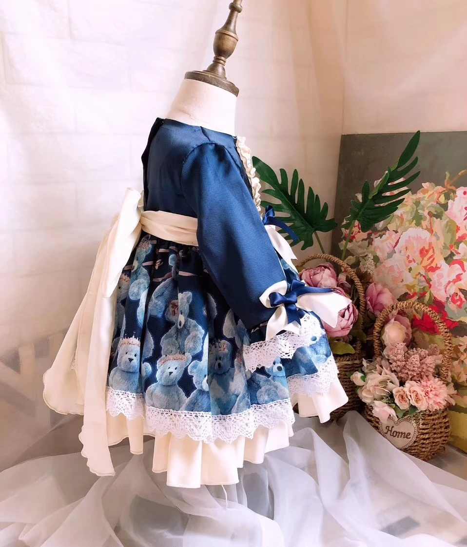 Испанское платье-корт детское платье принцессы с длинными рукавами для девочек синие платья с большим бантом и рюшами+ шаровары, одежда на День Благодарения