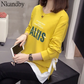 

Nkandby Plus Size Patchwork Tops Women 2020 Spring Casual Loose Bow T-shirts Oversized Korean Letter Print Long Sleeve Tshirt