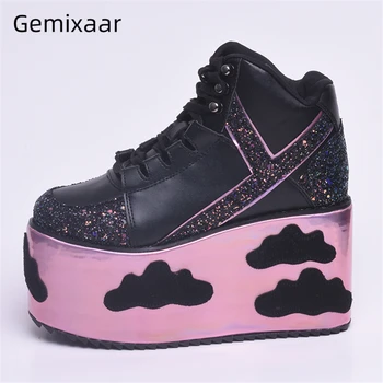 

High Platform Cloud Pattern Increasing Shoes Woman Cross-tied Bling Sequins Star Decor Spring Autumn Flat Shoes Woman