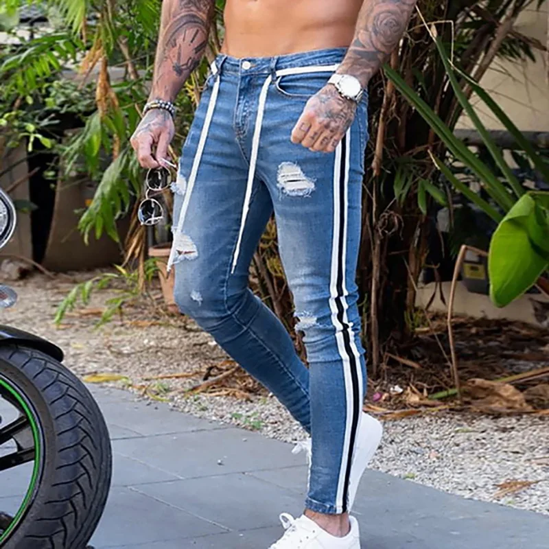 

Trendy Men Skinny Jeans Biker Destroyed Frayed Fit Denim Ripped Denim Pants Side Stripe Pencil Pants Hip Hop Streetwear