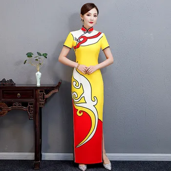 

Yellow Chinese Vintage Printed Lady Qipao Fashion Handmade Button Cheongsam Novelty Chinese Formal Dress Plus Size 3XL 4XL 5XL