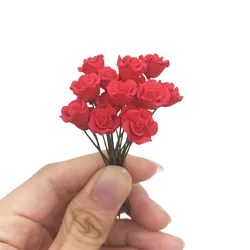 Accessoires miniatures pour maison de poupée 1/12, 10 pièces, Mini résine Rose rouge, Simulation d'arrangement floral, modèle de jouet pour décoration de maison de poupée 