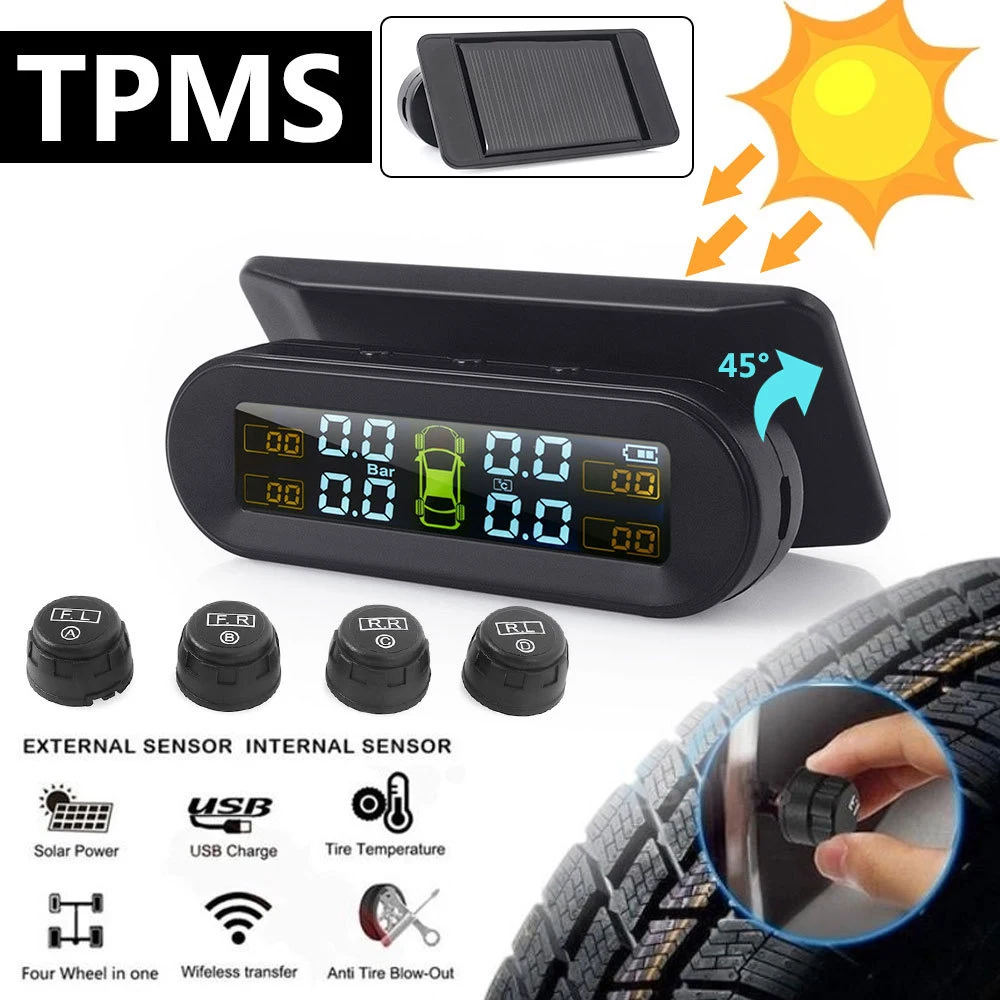 

TPMS Solar Tire Pressure Sensor Car Tyre Pressure Monitoring System With 4 External Sensors Temperature Warning TMPS