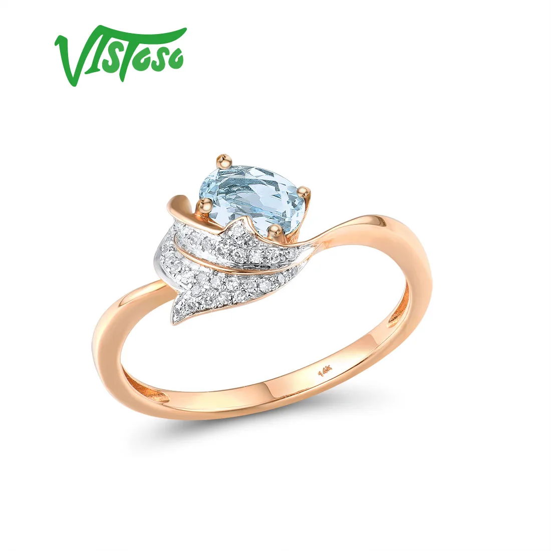 VISTOSO Gold Rings For Women 14K 585 Rose Glamorous Shiny Sky Blue Topaz Sparkling Diamond Luxury Trendy Fine Jewelry | Украшения и