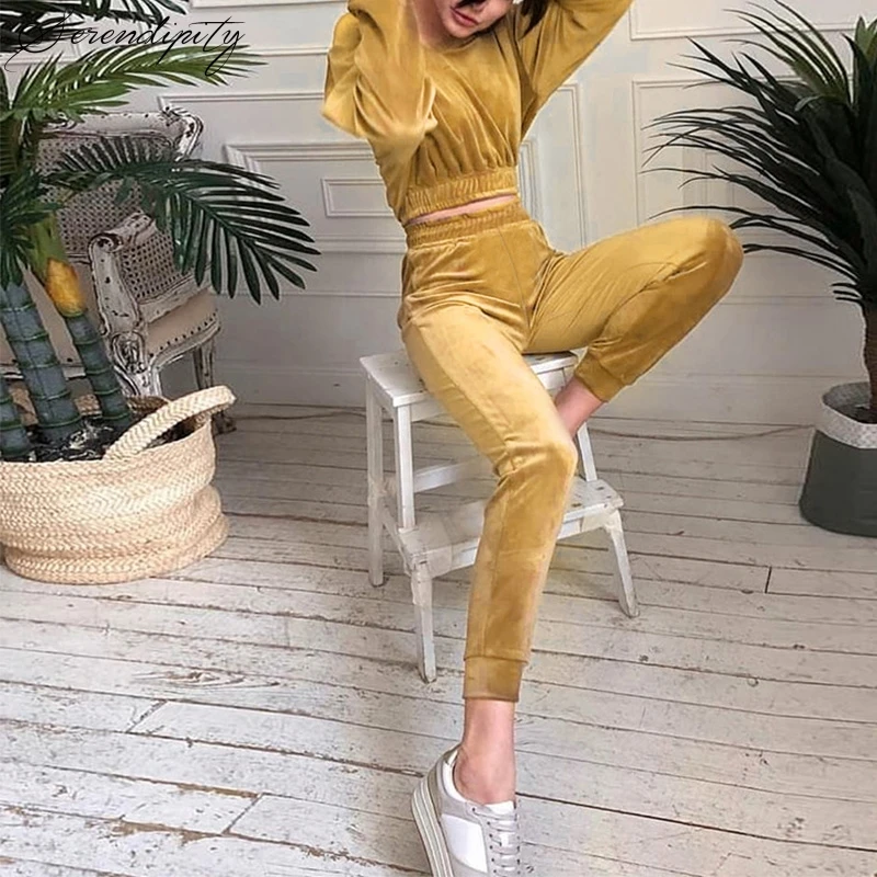 

SRDP Yellow Velvet Women Two Pieces Set V Neck Pullover Elastic Waist Autumn Winter Casual Tracksuit Streetwear Sport Suits 2019