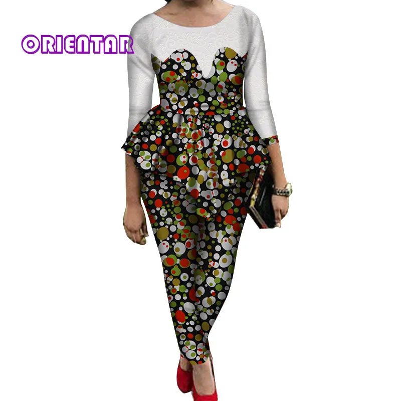 2 Pieces Sets Women African Pants Sets African Wax Print Long Sleeve Lace Tops and Pants Women Bazin Riche African Suits WY689 - Цвет: 12