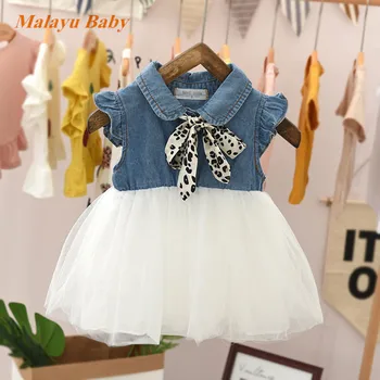 

Malayu Baby Infant girls dress summer new female baby denim mesh stitching dress party dress sleeveless bow tie kids clothes