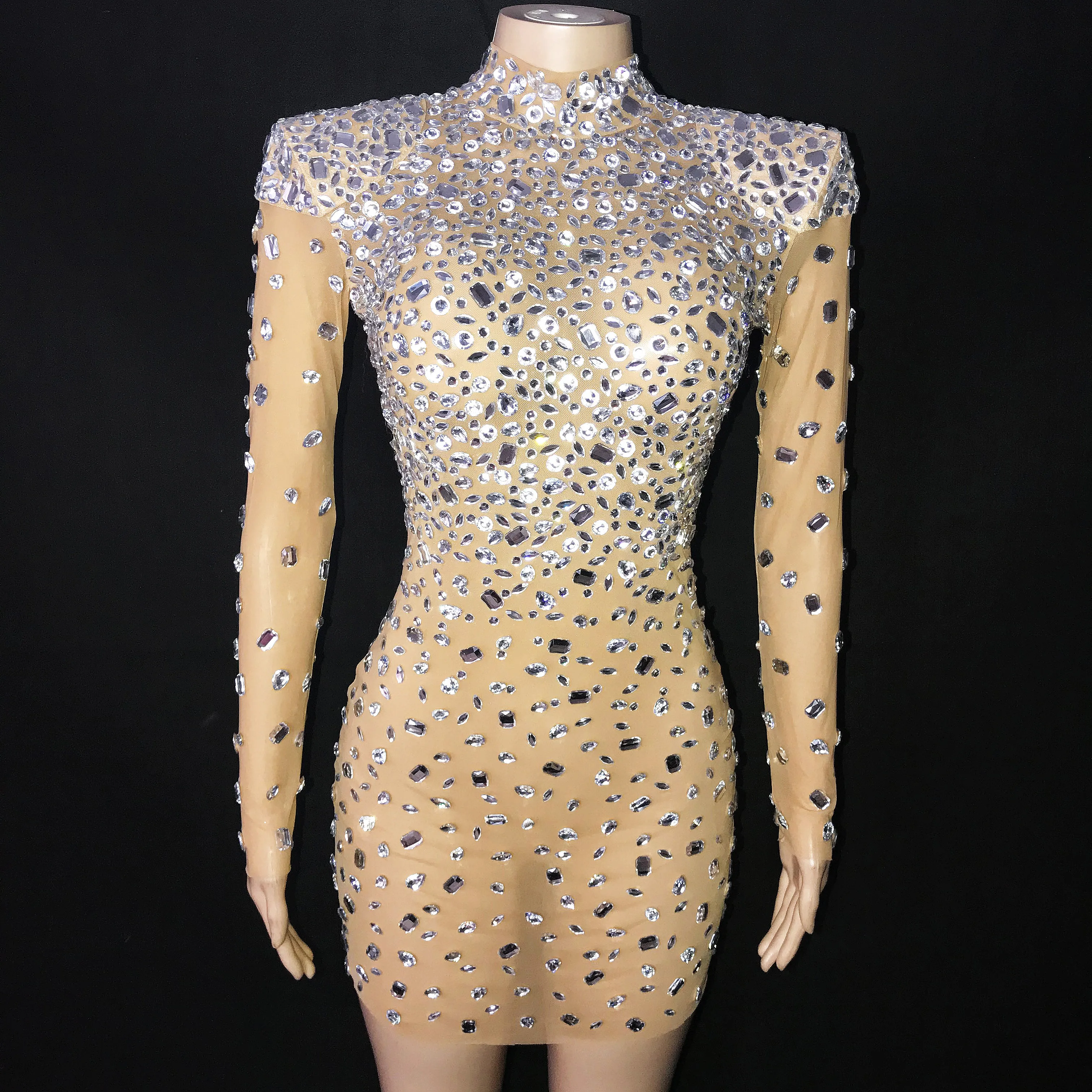 High Neck Silver Rhinestones Bright Mesh Dress Sexy Singer Stretch Costume Evening Celebrate Birthday Collections MINI | Тематическая