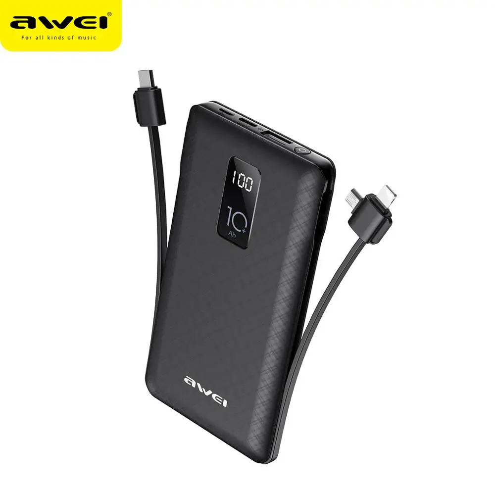 AWEI P8K 10000mAh LED Display Power Bank Fast Charging With Charging Cable Type-C ,Micro USB Port For All Kinds of Phone AWEI P8K 10000mAh LED Display Power Bank Fast Charging With Charging Cable Type-C ,Micro USB Port For All Kinds of Phone