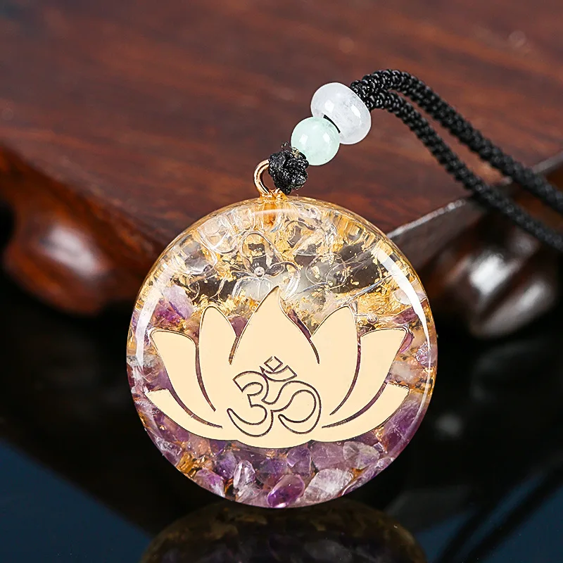 Amethystine Lotus Pendant Orgone Energy Necklace for Women Orgonite Om Yoga Healing Pink Crystal Men Necklace Gift Resin Jewelry