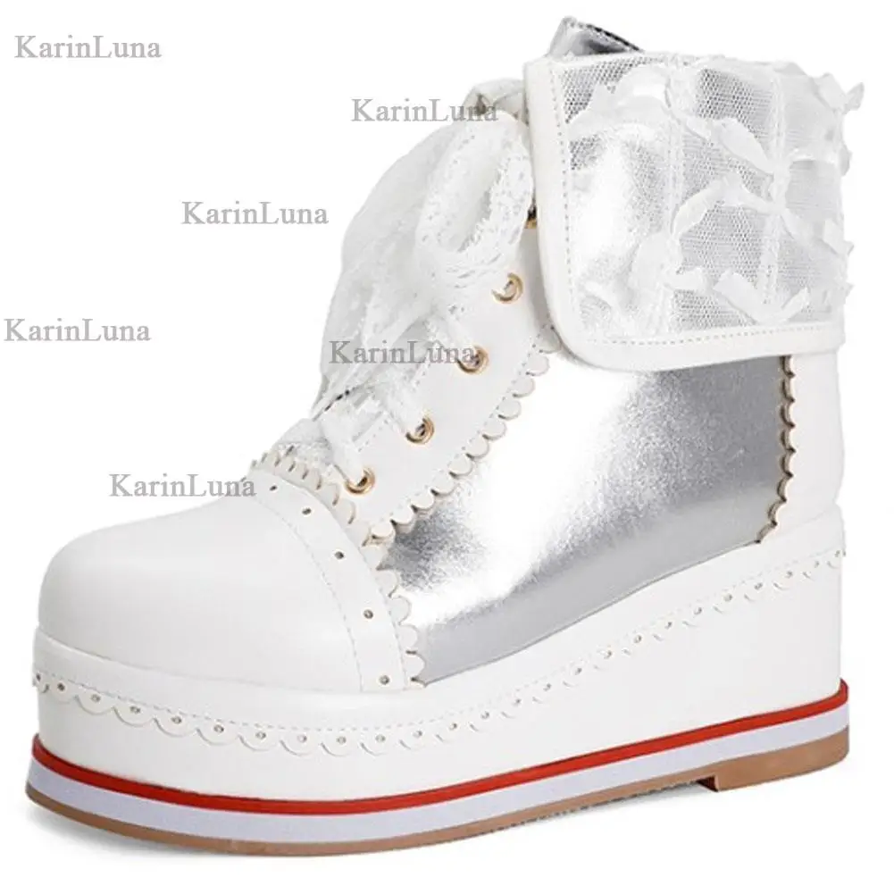 Brand Design High Quality Sweet Cute Platform Lolita Boots Lace-up Cosplay Brogue Sneakers Wedges Ankle Boots Big Size 33-48 