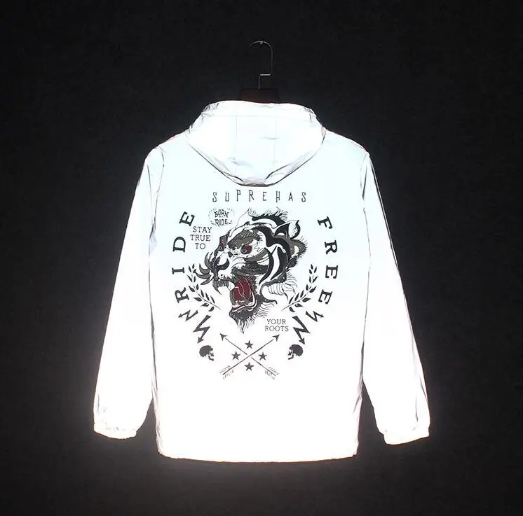 

Autumn Spring Windbreaker Mens 3m Reflective Jackets Men Hip-hop Coat Rainwear Men Tiger streetwear night shiny harajuku jackets