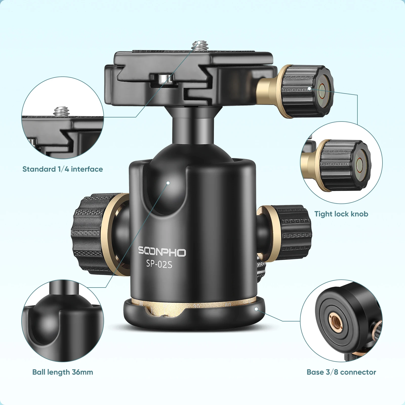 Ball Head for Tripod Rotating Head 360-degree Panoramic 1/4 to 3/8 Screw Tripod