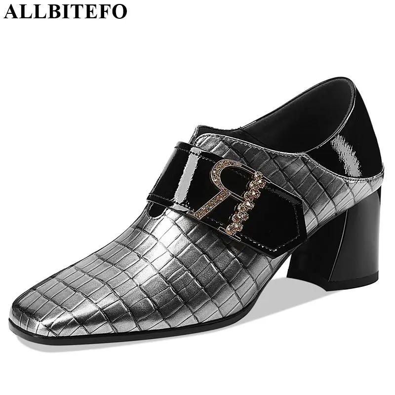 ALLBITEFO real genuine leather women heels spring autumn rhinestone office ladies shoes Square toe concise high heel shoes