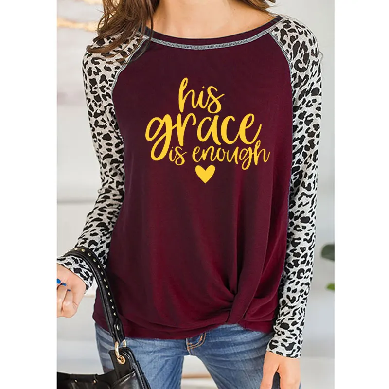 Футболка с надписью his grace is enough, футболка с надписью «Christian jesus», топы с надписью «His Grace is enough», Осенний облегающий Леопардовый топ с круглым вырезом - Цвет: 10