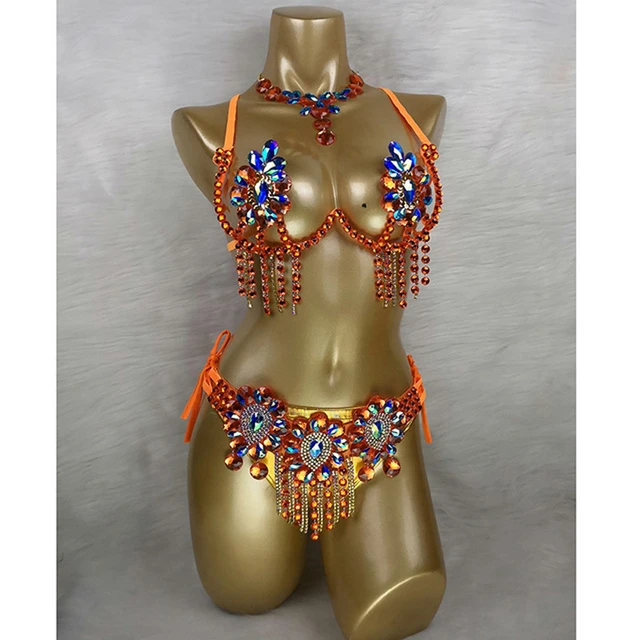 Samba Carnival Wire Bra & belt& Gold Panty Set Hand Made 3Piece