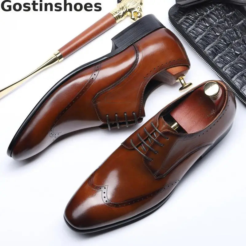 

Spring Autumn Men Oxfords Genuine Leather Black Brown Lace-up Pointed Toe Men Formal Shoes Luxury Dress Shoes For Wedding Office