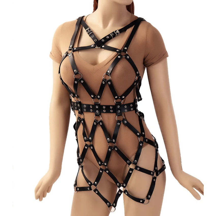 PU Leather Harness Dreen Cage Bra Belt Lingerie Fetish Body Bondage Sexy Hollow Out Tops Caged Bralette Goth Punk Dance Rave