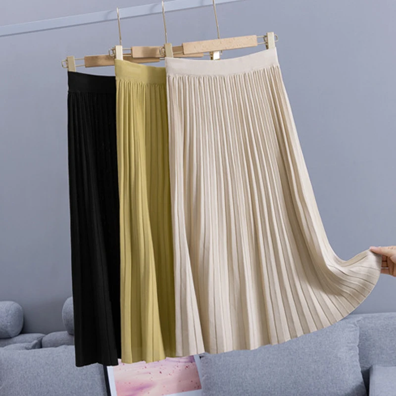 Женские вязаные зимние юбки модные женские юбки с высокой талией плиссированная винтажная длинная юбка Женская Осенняя черная абрикосовая